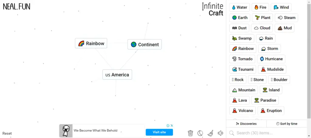 Step Three of How To Make America in Infinity Craft: Fuse Continent and Rainbow