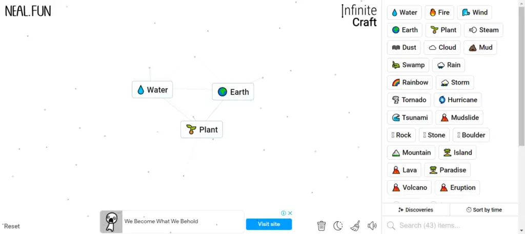 Step 1 of How to Make Wood in Infinity Craft: Water + Earth = Plant