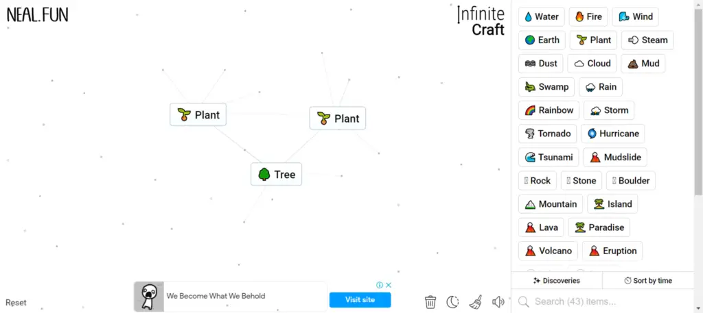 Step 3 of How to Make Wood in Infinity Craft: Tree + Tree = Forest