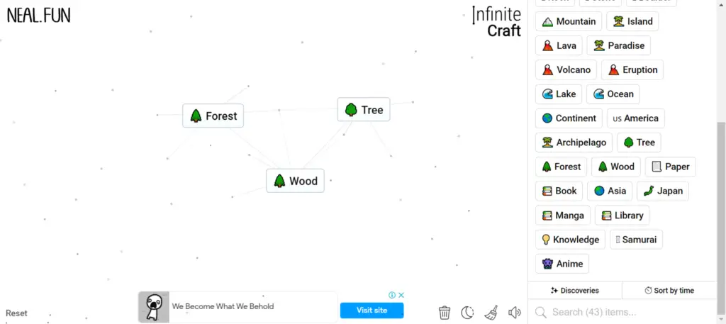 Step 4 of How to Make Wood in Infinity Craft: Forest + Tree = Wood