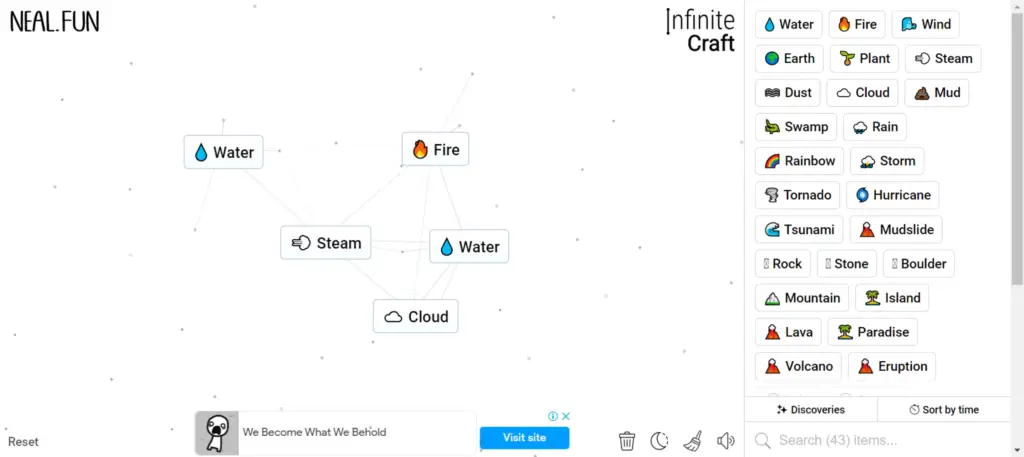 Step 1 of How to Make Lightning in Infinity Craft: Water + Fire = Cloud