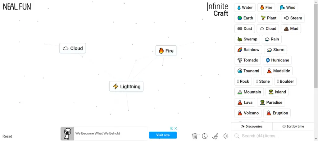 Step 2 of How to Make Lightning in Infinity Craft: Cloud + Fire = Lightning